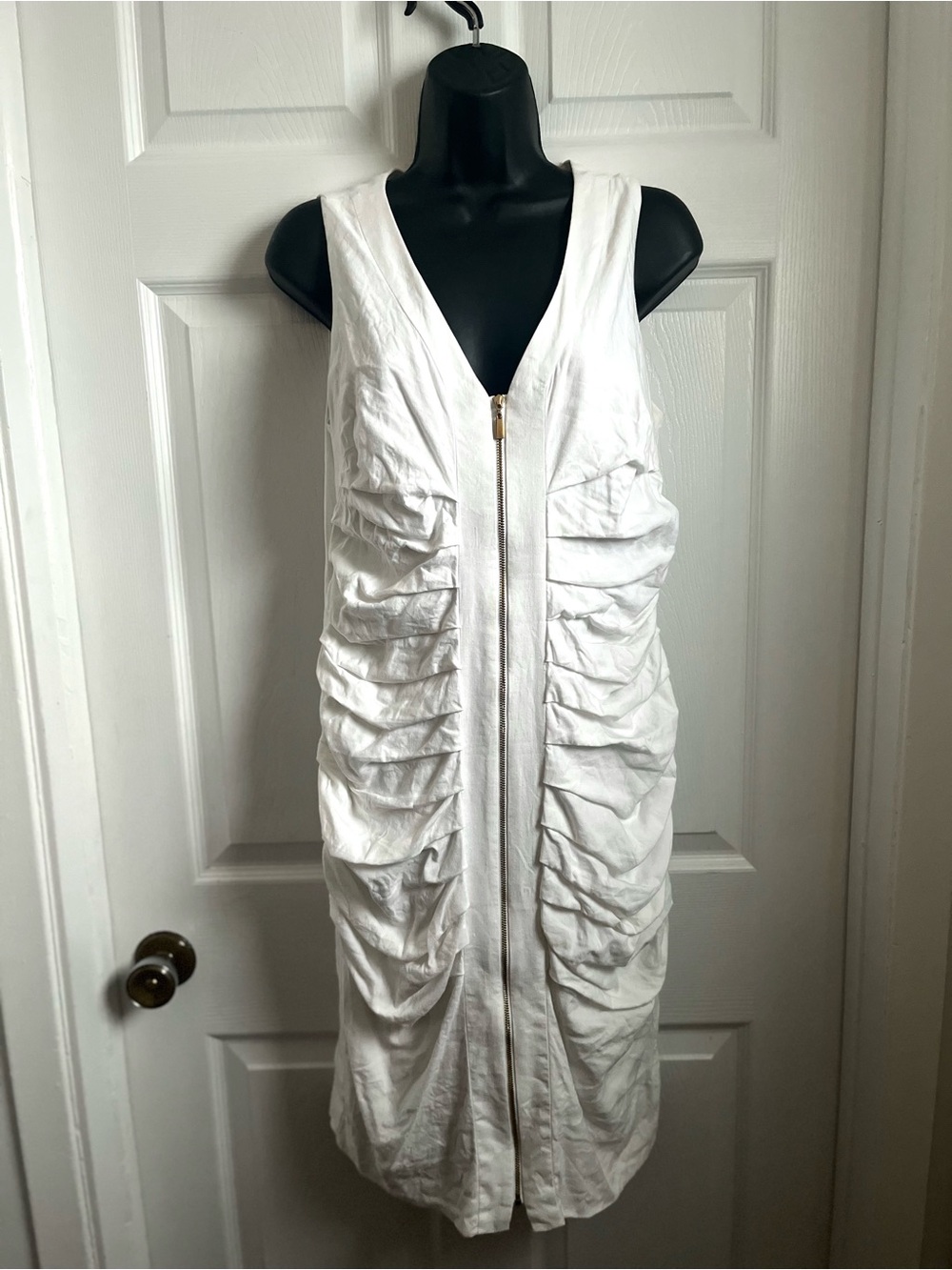 Laundry by Shelli Segal Linen Blend Dress Medium Ruched Zip Midi White V-Neck